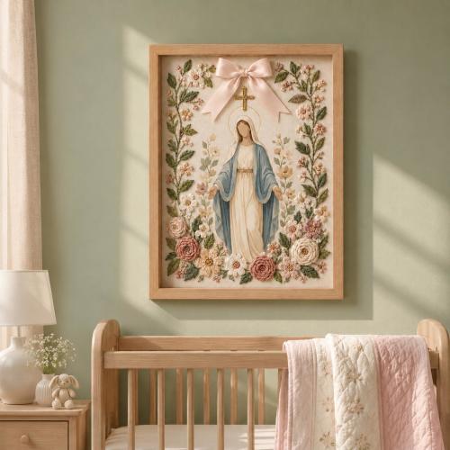 Virgin Mary Hand Embroidered Wall Art, Catholic Nursery Decor Sign, Marian Baptism Gift, Floral Christian Baby Room