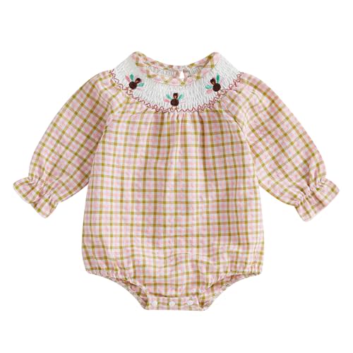 Lenjindjer Infant Baby Girl Thanksgiving Romper Plaid Turkey Embroidery Long Puff Sleeve Smocked Romper Cotton Linen Bodysuit