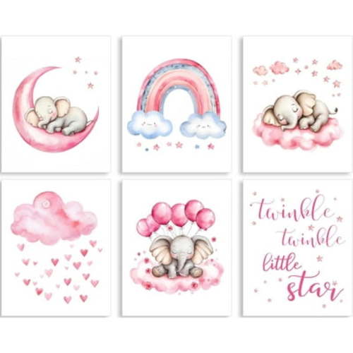 Pink Elephant Nursery Wall Decor Set of 6 Baby Girl Room Decor Elephant Wall Art Goodnight on A Hot Air Balloon Dream Big Little One(8’’x10’’) Unframed