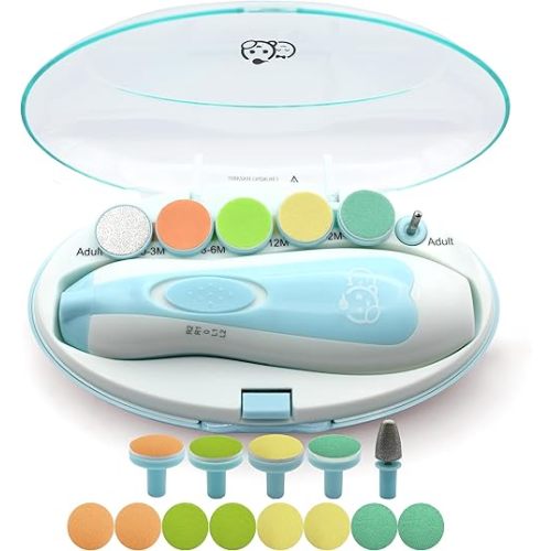 Royal Angels Baby Nail File, 21 in 1 Set with Labels, Electric Nail Kit, Extra 13 Replacement Tools, Baby Nail Trimmer, Baby Nail Care, Newborn Toddler Toes & Fingernails Clipper, Trim & Polish (Blue)
