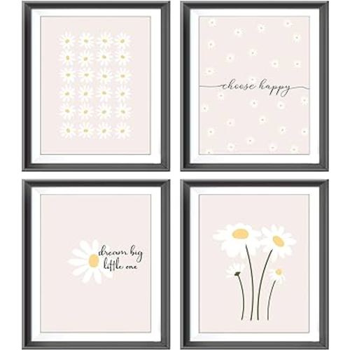 AEHIE Boho Daisy Flower Decor Wall Art Print, Inspirational Poster Prints for Girls Room Nursery Decor, Positive Affirmations Wall Decor, Blush Pink Floral Room Decor Print for Home, 4pcs 8x10inch