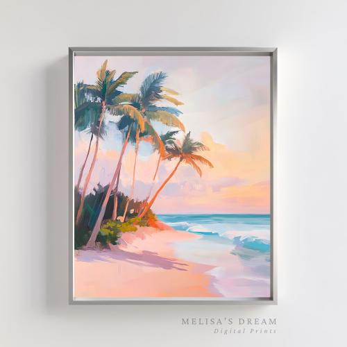 Tropical Beach Wall Art Printable | Palm Tree Sunset Coastal Landscape | Pastel Ocean View Digital Download | Boho Summer Beach Decor