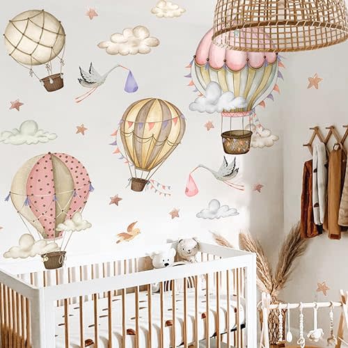 Removable Hot Air Balloons Wall Decals Watercolor Balloons Birds Stars Wall Stickers DIY Hand Painting Hot Air Balloons Clouds Flags Decor for Kids Girls Bedroom Living Room Nursery Decor