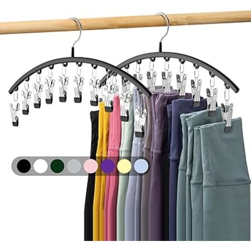 Legging Organizer for Closet, Metal Yoga Pants Hangers 2 Pack w/10 Clips Holds 20 Leggings, Space Saving Hanging Closet Organizer w/Rubber Coated Closet Organizers and Storage, Black