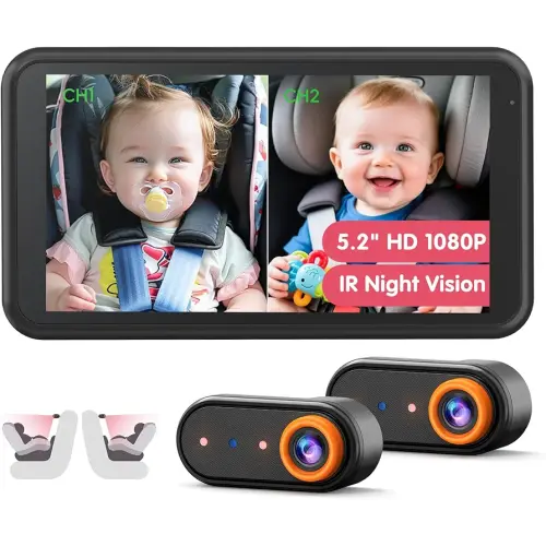BM2 PRO Dual Baby Car Camera, 5.2" 1080P HD Display for Rear-Facing Car Seats, IR Night Vision, Anti-Shake Mount, Easy Install – Ideal for Parents with 2 Kids and Pets