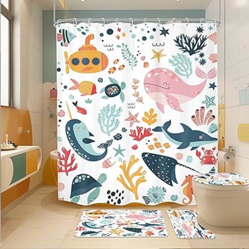 4 PCS Kids Shower Curtain Set 72Wx72H, Kid Bathroom Set, Summer Ocean Fish Cute Whale Sea Animal Funny Bath Rug Toilet Lid Cover U Shape Mat Quick Dry Dirt Resistant Accessories Bathroom Decors