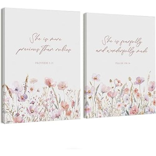 STHTTSW Wildflower Nursery Christian Decor, Baby Girl Nursery Decor Set of 2, Floral Bible Canvas Wall Art Prints for Cute Teen Toddler Little Girls Room 11x14