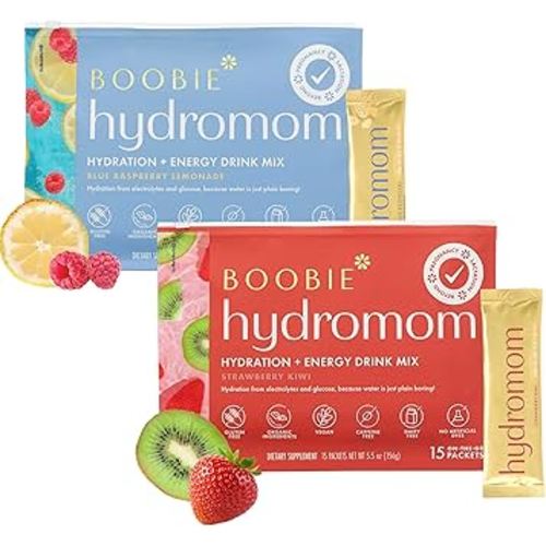 Boobie Hydromom Superfood Electrolyte Drink Mix, Strawberry Kiwi + Blue Raspberry Lemonade | Refreshing Energy, Hydration Boost | On-The-Go Travel Essential for Pregnancy, Lactation, & Beyond - 2 Pack