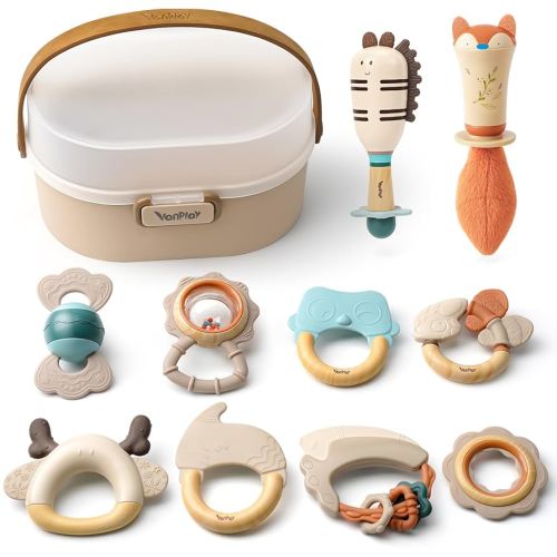 Baby Rattles & Teethers Set – Baby Toys 0-6 Months, Teething Toys 3-6 Months, Sensory Toys with Soft Textures, Gentle Sounds & Easy-Grip Shape, Neutral Newborn Gift（10-Pack）