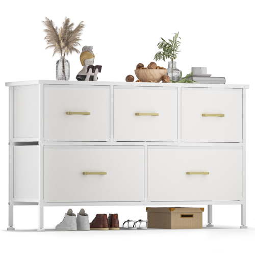 YILQQPER Media Dresser with 5 Drawers for Kids' Room Chest of Drawers with Sturdy Steel Frame, Fabric Bins, Leather Finish, Wood Top, White