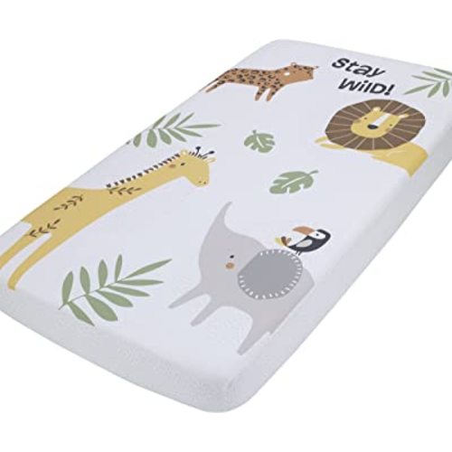 NoJo Jungle Trails White, Green, and Gold Stay Wild Animal Print with Leaves Photo Op 100% Cotton Nursery Fitted Crib Sheet