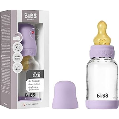BIBS Boheme Baby Glass Bottle 4 oz /120 ml. Anti-Colic. Round Natural Rubber Latex Nipple. Supports Natural Breastfeeding - Violet Sky