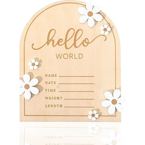 Hello World Newborn Sign, Baby Birth Announcement Sign for Baby Showers, Daisy Wooden Babys Milestone Card, Gender Reveal Parties, Birth Stats