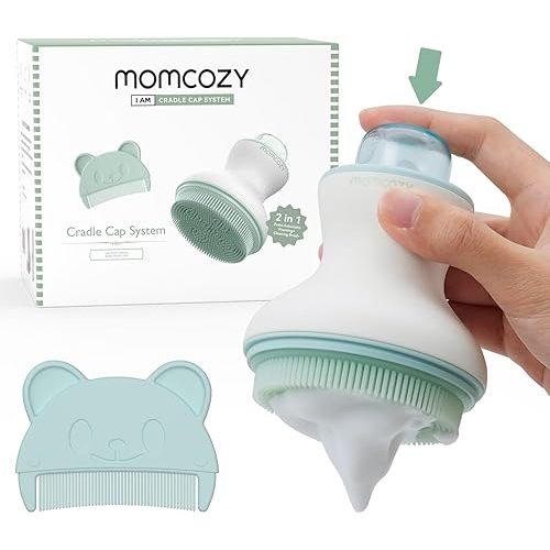 Momcozy Innovative Cradle Cap Brush with Pump, 2-in-1 Baby Cradle Cap Brush with Bubbler, Newborn Cradle Cap System, Shampoo Brush Baby Bath Essential Foamer Brush, Baby Hair Brush, Green