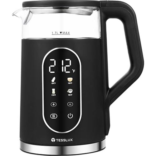 Electric Kettle, 1500W Fast Boiling Glass Water Kettle with Temperature Control, 1.7L Cordless Stainless Steel Base, Keep Warm & Auto Shut-Off, BPA-Free, Black