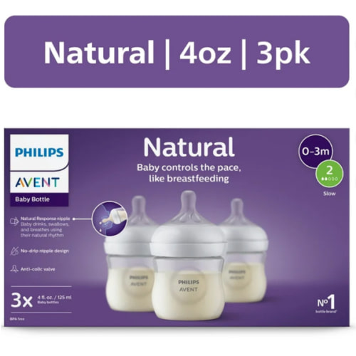 Philips Avent Natural Baby Bottle, Anti-Colic, Clear, 4oz, 3pk, SCY900/93