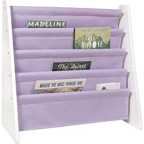 Wildkin Kids Premium Canvas Sling Bookshelf for Boys and Girls, Wooden Design Features Four Fabric Shelves, Keep Bedrooms, Playrooms, and Classrooms Organized, an Ideal Kids Bookshelf (White w/Lilac)