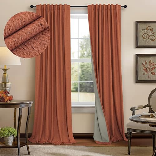 Terracotta Blackout Curtains 84 Inch Length 2 Panel Set for Fall Living Room Linen Textured Boho Black Out Western Curtains for Bedroom Darkening Thermal Insulated Drapes Rust Burnt Orange 52x84 Long