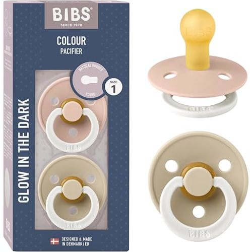 BIBS Pacifiers Colour Collection | Natural Rubber Baby Pacifier | Set of 2 BPA-Free Soothers | Made in Denmark | 0+ Months (Pack of 2) | Blush Night/Vanilla Night