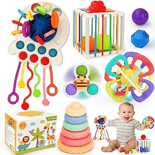Baby Toys 6-12 Months,5 in 1 Montessori Toys for Babies 6-12 Months,Pull String Infant Teething Toys,Stacking Rings,Color Shape Sensory,Suction Cup Spinner Toys for 6-9-12 to 18 M+ Birthday Gifts