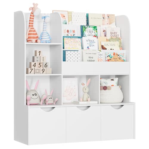 FOTOSOK 47'' Kids Bookcase and Bookshelf, Multifunctional Bookcase with 5 Storage Cubbies and 3 Movable Drawers, Toy Storager Display Stand, Toy Storage Organizer for Bedroom, Playroom, Hallway, White