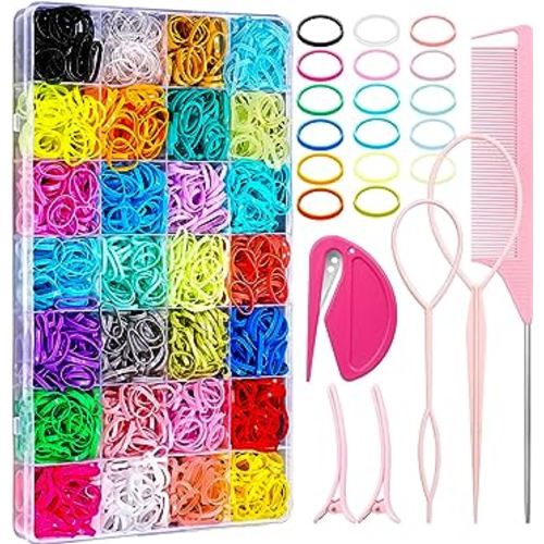 28 Colored Rubber Bands for Hair, 1500 Pcs Small Girls Elastic Ties With 6 Styling Tools - Colorful Accessories for Baby Toddlers Kids