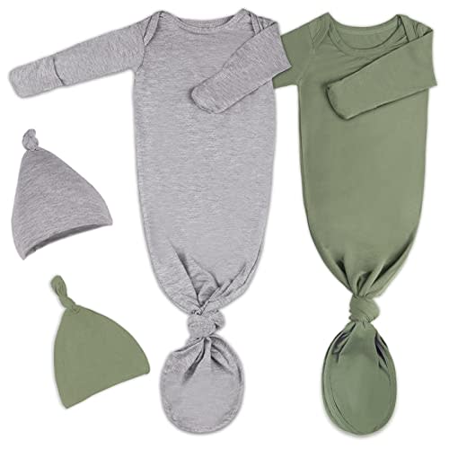 2Pack Knotted Gown Baby, Super Soft Long Sleeve Newborn Hospital Outfit Boy Girl Coming Home, Built-In Mittens Clothes