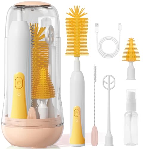 Duoffanny Electric Bottle Brush Cleaner, Baby Bottle Cleaning Kit with Nipple Straw Brushes Drying Rack ​​Soap Dispenser Rechargable Waterproof Multi-Purpose E-Brush Set for Travel & Home, Yellow
