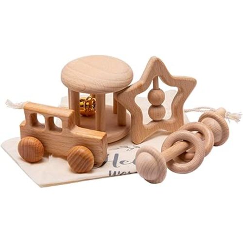 Wooden Baby Toys Montessori Toys Set Wooden Rattles Grasping Toys Wood Ring 4pcs, Truck Toy Set