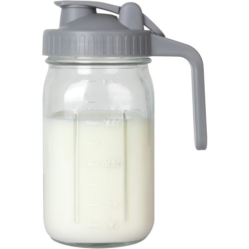 Breast Milk Pitcher, Mason Jar 32 oz, Heavy Duty Wide Mouth Jar with Flip Cap Lid and Pour Spout - Airtight Seal for Freshness and Convenience - Great for Cold Beverages, and Home Entertaining
