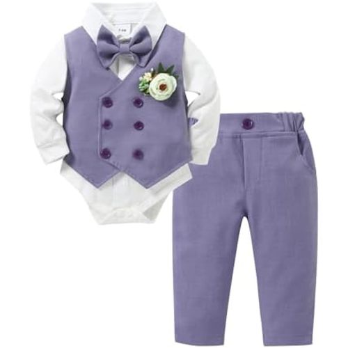 DISAUR Baby Boy Clothes Suits 5PC Infant Gentleman Outfit Dress Shirt+Bowtie+Vest+Corsage+Pants Wedding Baby Suit
