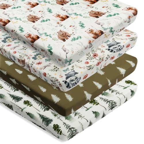 4 Pack N Play Sheets Woodland Forest Animals Wood Neutral Unisex Fitted Baby N Play Sheets Fitted for Standard Pack and Plays and Mini Cribs Set for Baby Boys or Girls (Cartoon Beer)