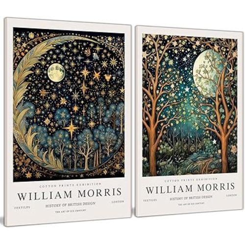 William Morris Canvas Wall Art Set of 2, Vintage Moon & Stars Posters Prints Painting Art, Framed Botanical Art Wall Decor for Bedroom Kitchen Living Room Office 12x16 Inch