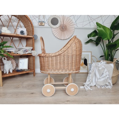 Wiklibox wicker & beech wood high doll&#39;s pram in NATURAL color. Unpainted!