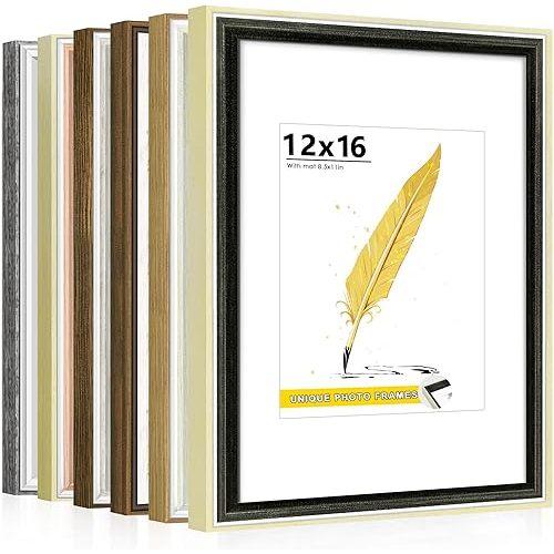 Abtgt 12x16 Picture Frame Set of 6, Rustic Retro Photo Frame Display Picture 8.5x11 with Mat or 12x16 Without Mat, Horizontal and Vertical for Wall and Tabletop Display