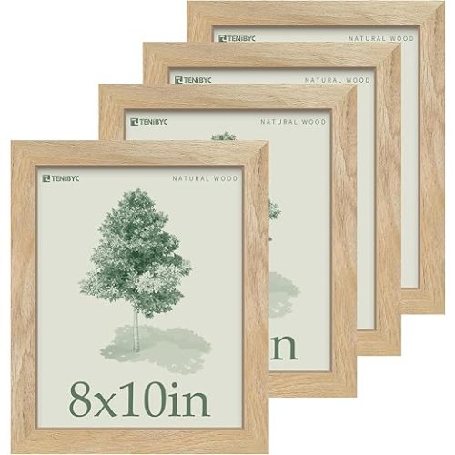 8x10 Picture Frame 4 Pack, Textured Natural Solid Wood, HD Tempered Glass, Gallery Photo Frame, Table or Wall Display