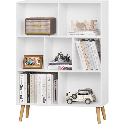 YAHARBO White Bookshelf,3 Tier Book Shelf with Legs, 7 Cube Minimalist Bookcase,Storage Organizer Shelves Display Bookcases for Bedroom,Living Room