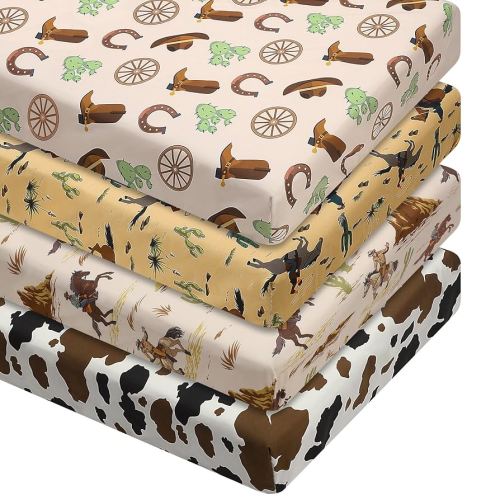 4 Pcs Western Cowboy Crib Sheet Set Newborn Bedding Nursery Baby Sheets for Girl Boys Baby Gifts for Standard Crib and Toddler Mattresses, 52 x 28 x 8 Inches