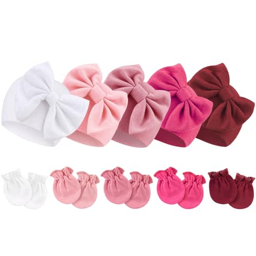 BQUBO Newborn Baby Girls Hats Mittens Set Hospital Hat Beanie Infant Bow Hats Baby Cotton Gloves for 0-6 Months