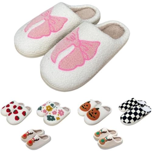 Retro Fuzzy Face Slippers for Women men， Womens Girls Cute Yellow the Lable Face House Slippers for Indoor Outdoor Pink/White/Black/Blue