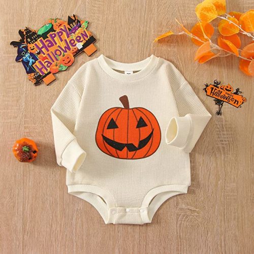 Halloween Baby Boy Girl Clothes Pumpkin Romper Sweatshirt Onesie Crewneck Oversized Long Sleeve Bodysuit Outfit - Apricot - 12-18 Months