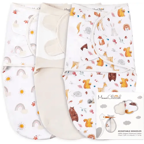 Mama Cheetah Baby Swaddle Sack, Organic Cotton Swaddle Blanket, Adjustable Swaddle Sleep Sacks, Easy Swaddles for Boy Girl 0-3 Month, Baby Essentials, 3-Pack