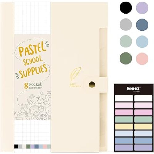 Sooez Aesthetic 8 Pocket Accordion File Organizer, Pastel Expanding File Folder for Important Document with Labels, Portable Receipt Bill Paper Organizer for Office School Supplies, Letter Size Beige
