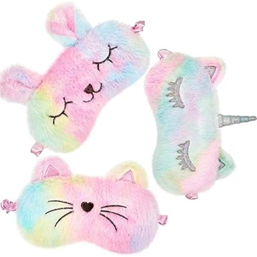 Sleep Mask for Kids, Girls Plush Sleeping Eye Cover 3 Pieces Soft Eye Blindfold Sleep Cover Animal Shade for Kids(Rainbow Color,Bunny, Cat and Unicorn Style)
