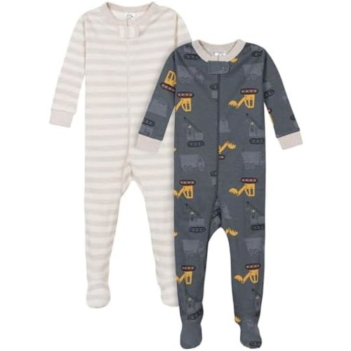 Gerber Baby Boys 2-Pack Footed Pajamas, Dump Truck Grey, 6 Months