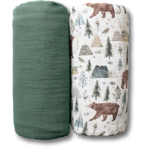 GOTS Certified Organic Muslin Swaddle Blankets, 2 Pack Baby Receiving Blankets, Soft Breathable Cotton Swaddles for Newborn Boys & Girls, Forest Bear & Green