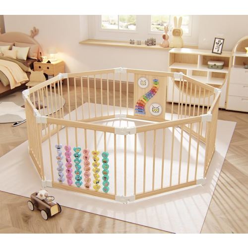Baby Playpen, Adjustable Shape Play Pen for Toddlers 1-3 Years Foldable Playpen Large Collapsible Wooden Fence Panels with Toys Indoor Play Yard for Baby(57x57x24inch)