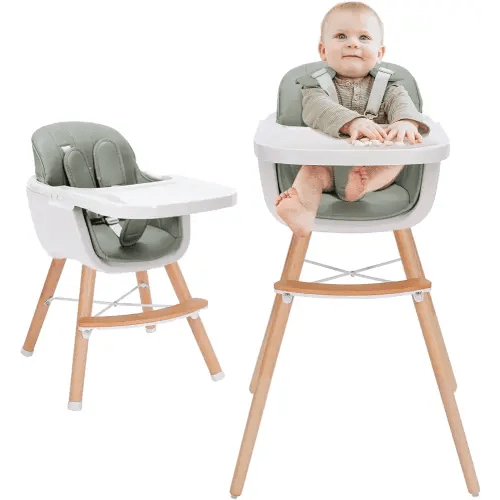 3-in-1 Convertible Wooden High Chair, High Chairs for Babies and Toddlers, Baby High Chair with Adjustable Legs & Dishwasher Safe Tray, Made of Sleek Hardwood & Premium Leatherette, Green Color
