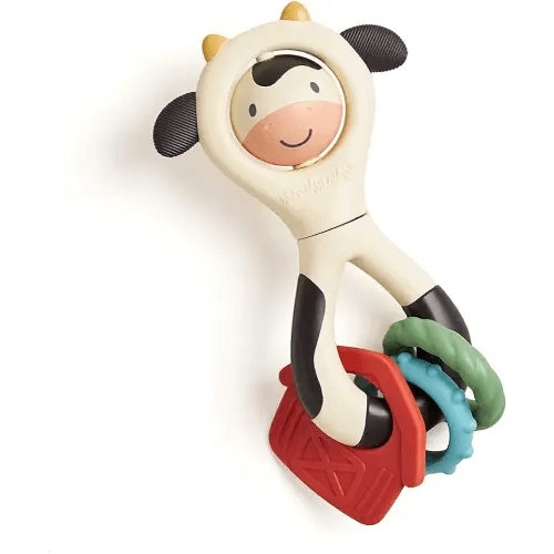 Itzy Ritzy Spinner Rattle Toy – Cow Design Sensory Teething Rattle Includes Spinning Face, Clicks, Rattles & Textured Teethers; Designed for Ages 3 Months and Up (Cow)