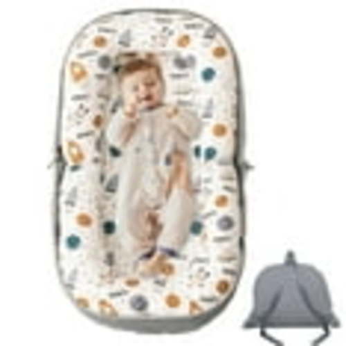 Baby Lounger, Foldable Infant Nest Pillow with Soft Memory Foam Mat, Cover with Adorable Pattern, Converts to Backpack for Easy Travel, 0-12 Months, Rocket